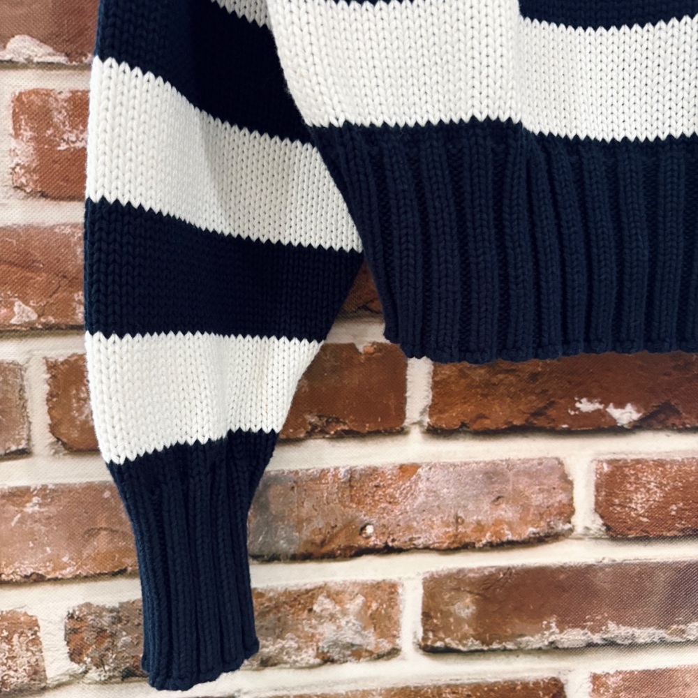 Quince 100% Organic Cropped Cotton Polo Sweater in Navy & White, Medium - Picture 6 of 8